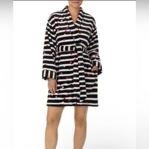 kate spade Black & White Stripe Plush Robe with Pink Dot Accents